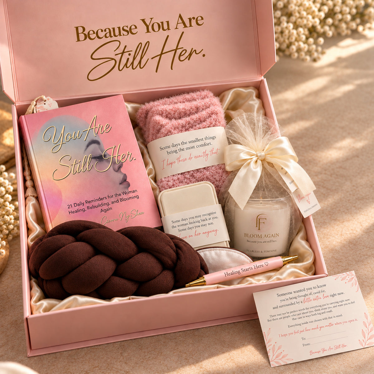 The Still Her Box open, with the You Are Still Her book, Bloom Again candle and keepsakes in a satin-lined pink box